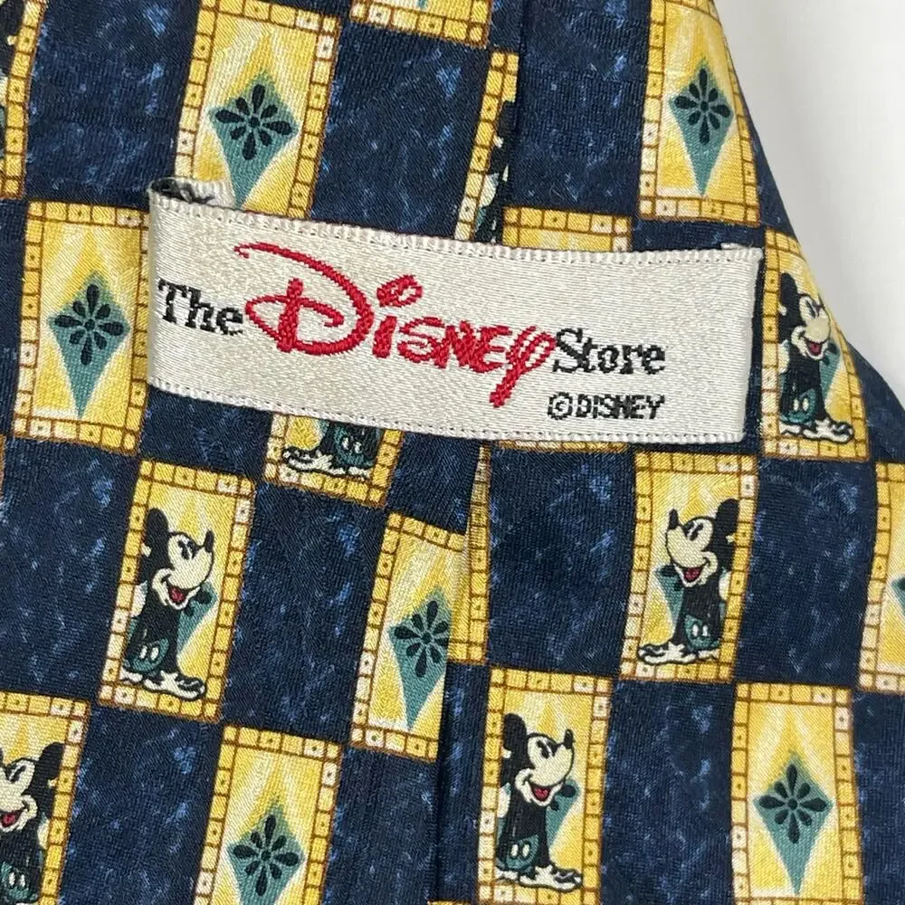 Vintage Disney Navy Blue Check Mickey Mouse 100% Silk Novelty Neck Tie 90s